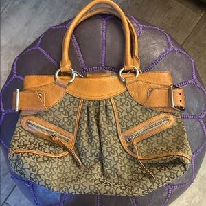 DKNY Tan and Brown Monogram Shoulder Bag